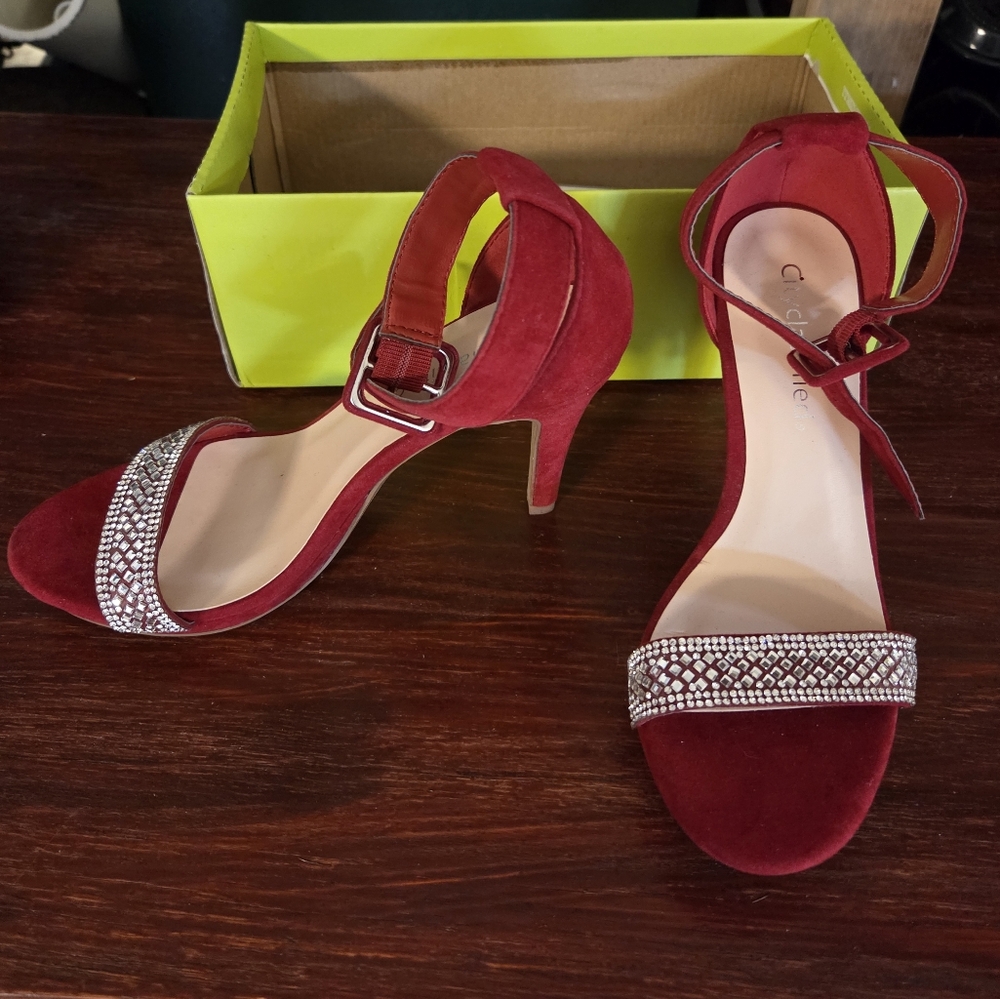 Red Suede Heels with Rhinestone Detail